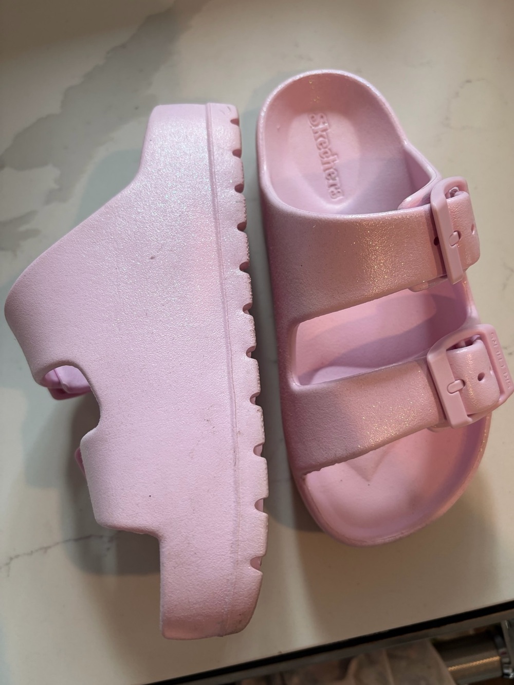 Skechers Kids Pink Glitter Double-Buckle Slide Sandals Foamies sz 13 worn once
